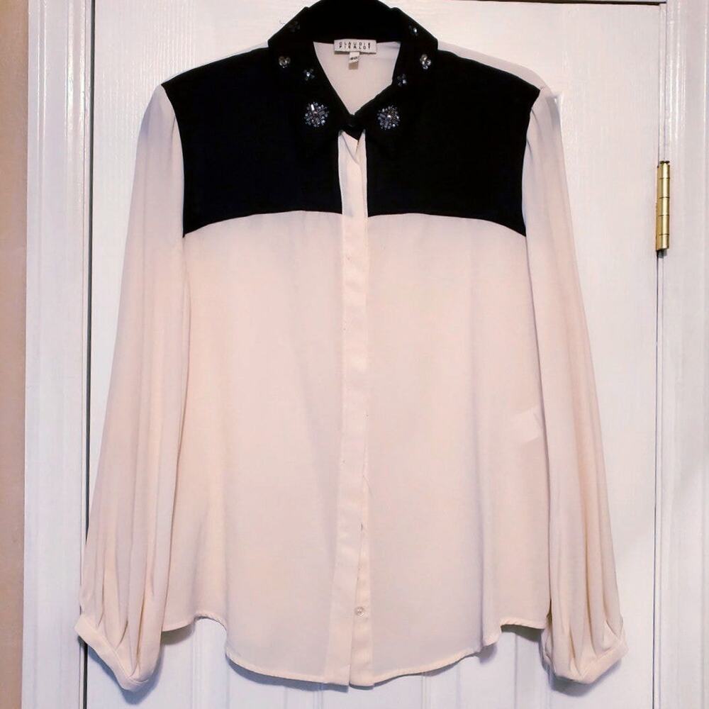 Sz 8 CLAUDIE PIEROT Black Cream Silk Embellished Collar Button Long-slv Blouse